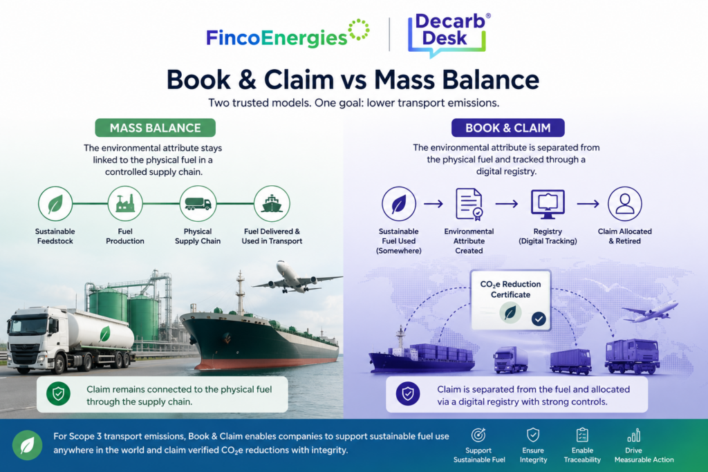 FincoEnergies and Decarb Desk infographic comparing Mass Balance, which links environmental claims to the physical fuel supply chain, with Book & Claim, which tracks verified CO₂e reductions through a digital registry.