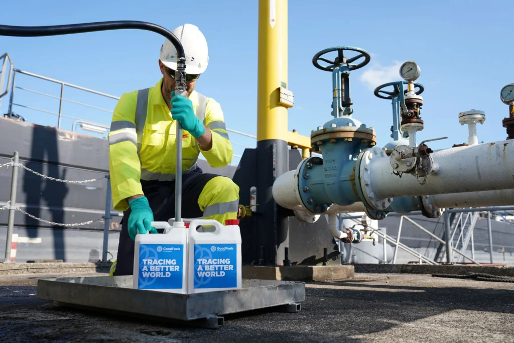 A Control Union employee adding the physical fuel tracer to the Sustainable Marine Fuel