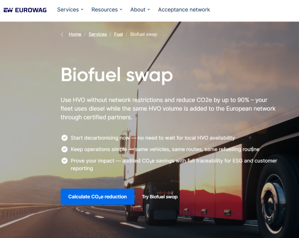 Eurowag Biofuel Swap platform integrated with the Decarb Desk API to deliver verified HVO-based CO₂e reductions for road transport