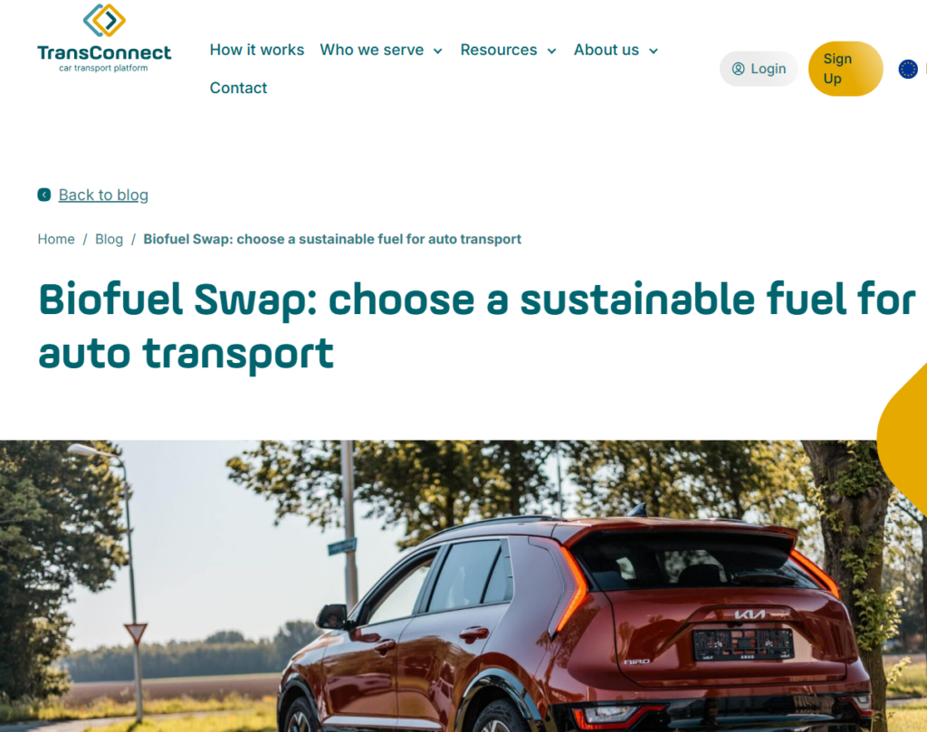 TransConnect Biofuel Swap platform enabling car transport companies to reduce road transport CO₂e emissions through certified HVO and Book & Claim