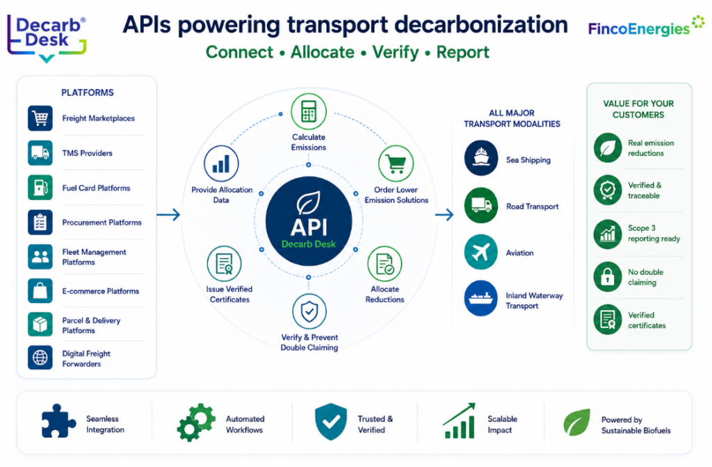 Transport decarbonisation API workflow by Decarb Desk and FincoEnergies showing emissions calculation, sustainable biofuel allocation, certificate verification, Scope 3 reporting and integration with freight platforms.