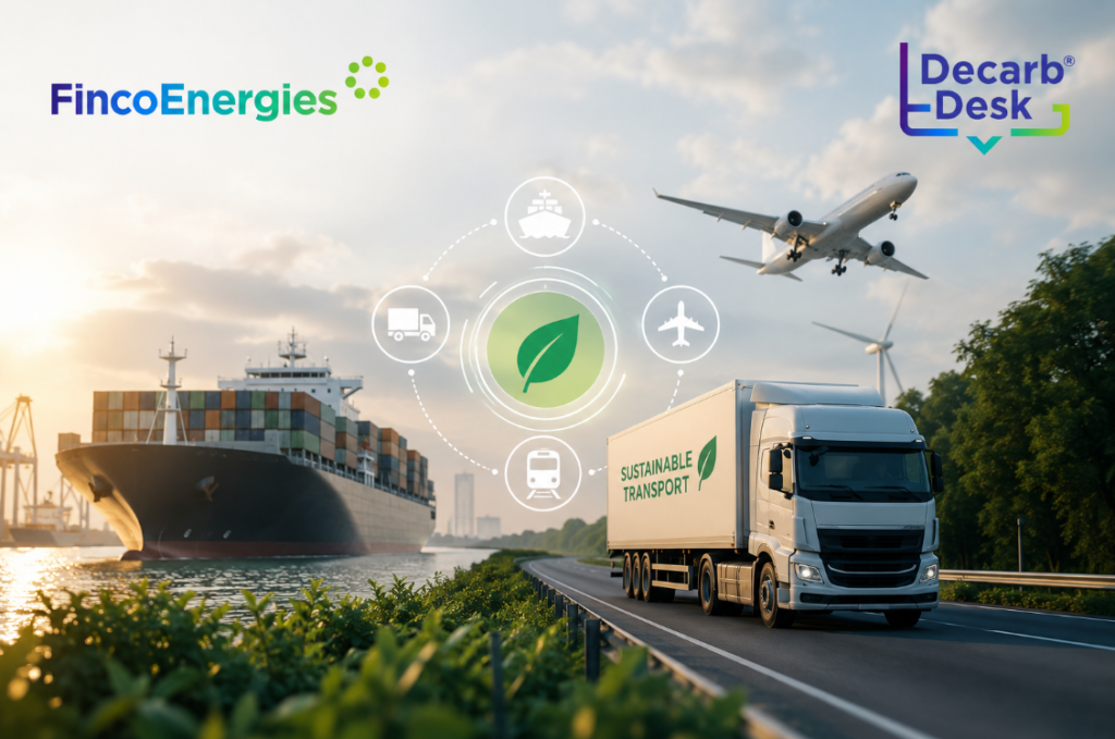 Illustration of market-based measures in transport decarbonization, showing Book & Claim, a digital registry, verified CO₂e certificates and low-emission sea, road, air and inland waterway transport