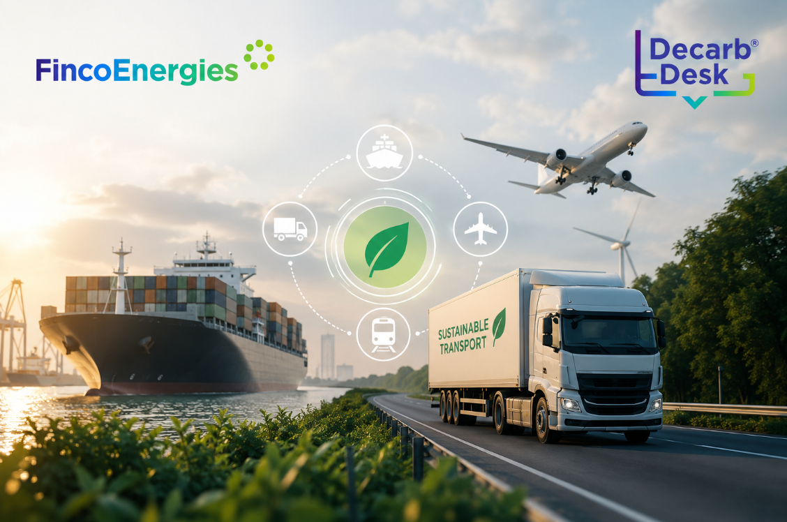 Illustration of market-based measures in transport decarbonization, showing Book & Claim, a digital registry, verified CO₂e certificates and low-emission sea, road, air and inland waterway transport