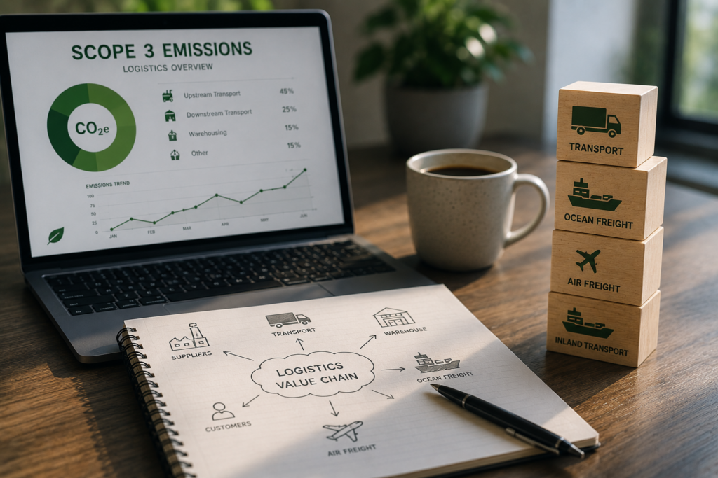 Logistics value chain planning with Scope 3 emissions dashboard covering transport, ocean freight, air freight and warehousing.