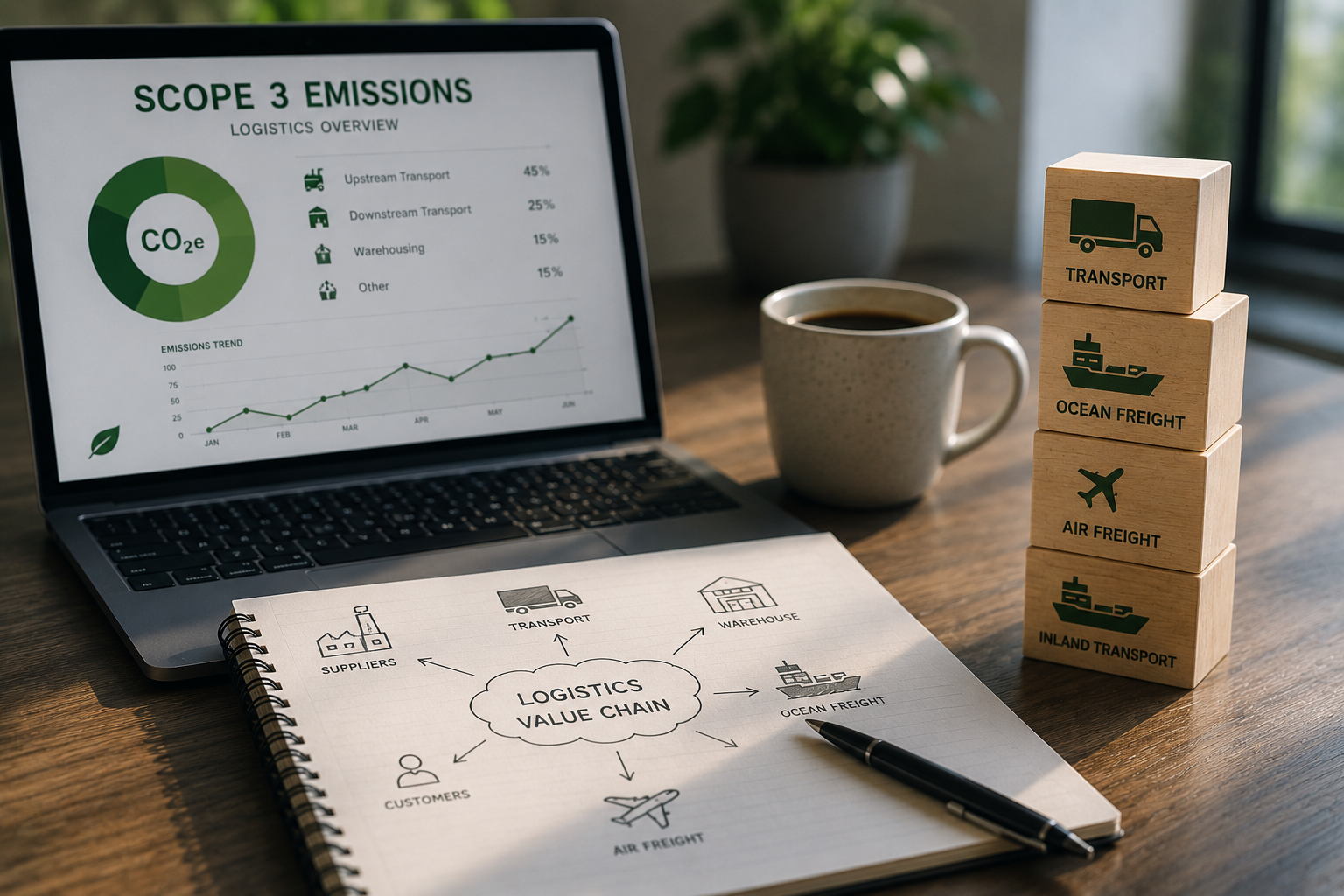 Logistics value chain planning with Scope 3 emissions dashboard covering transport, ocean freight, air freight and warehousing.