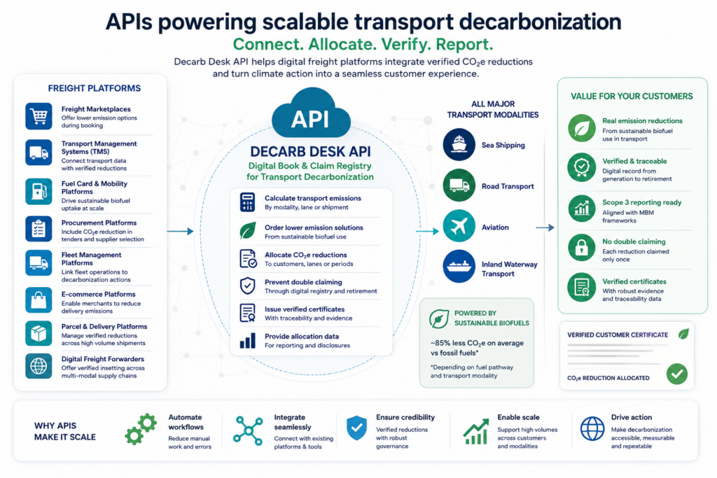 Learn how freight platforms, TMS providers, fuel card platforms and digital freight forwarders can use APIs to offer verified CO₂e reductions through Decarb Desk’s API.