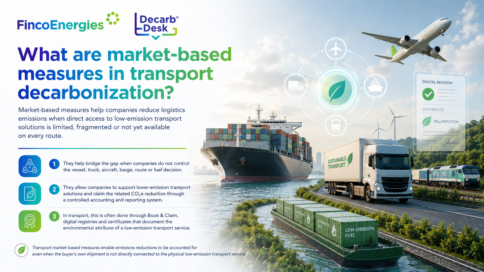 Illustration of market-based measures in transport decarbonization, showing Book & Claim, a digital registry, verified CO₂e certificates and low-emission sea, road, air and inland waterway transport.
