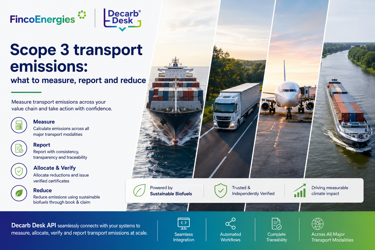 Scope 3 transport emissions across ocean shipping, road transport, aviation and inland waterways with Decarb Desk by FincoEnergies for measuring, reporting and reducing freight emissions.