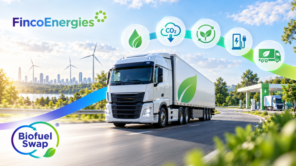 FincoEnergies Biofuel Swap illustration showing a heavy-duty truck, renewable fuel, lower CO₂ emissions and road transport decarbonisation.