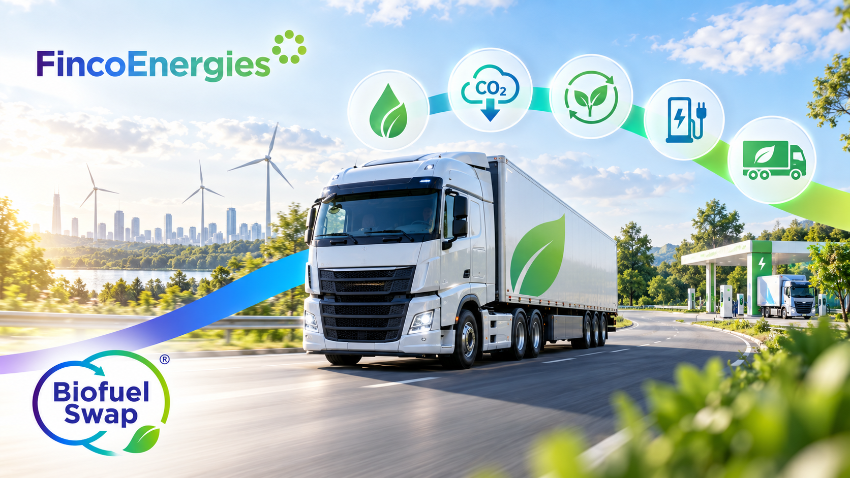 FincoEnergies Biofuel Swap illustration showing a heavy-duty truck, renewable fuel, lower CO₂ emissions and road transport decarbonisation.
