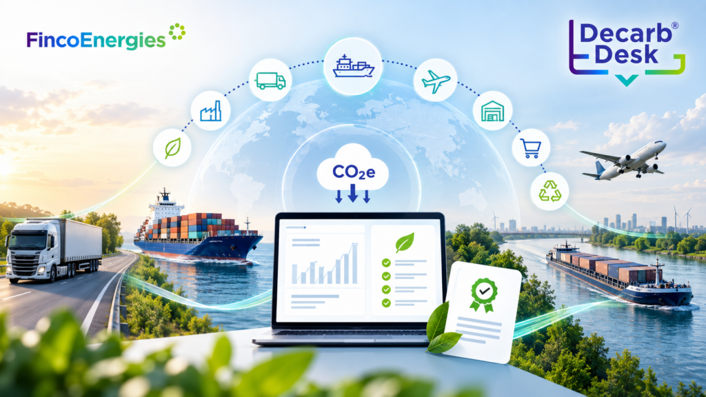 FincoEnergies Decarb Desk illustrating Scope 3 transport emissions, carbon accounting and verified insetting across road, maritime and aviation.
