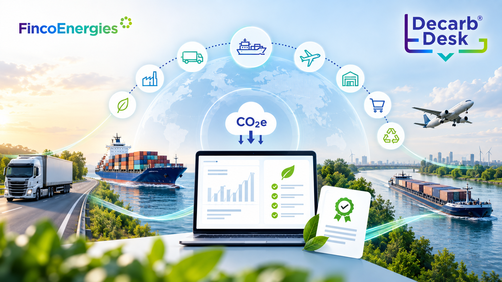 FincoEnergies Decarb Desk illustrating Scope 3 transport emissions, carbon accounting and verified insetting across road, maritime and aviation.